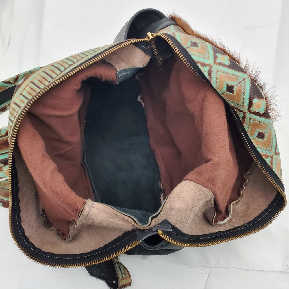 🔥 RARE Western Cowhide & Real Tooled Leather Diaper Bag / Backpack XL 🐄 - Picture 11 of 13